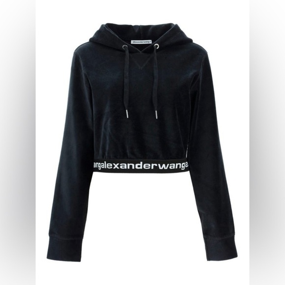 ALEXANDER WANG Stretch Corduroy Cropped Long Sleeve Hoodie in Black - Picture 2 of 7